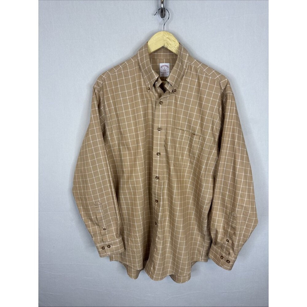 Brooks Brothers 346 Button Down Shirt Men M Beige Windowpane Check Non Iron